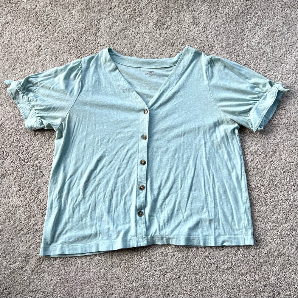 LOFT | Green V-Neck Button Front Tie Shoulder Short Sleeve Shirt Blouse